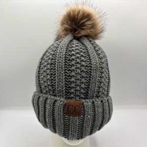CC Brand Pom Thick Sherpa Lined Gray Knit Stretch Women’s Winter Beanie OSFM